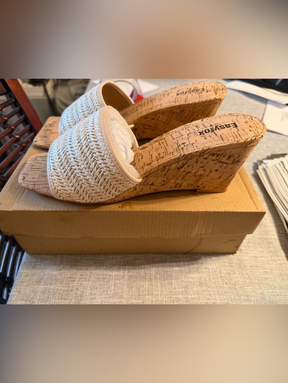 White Woven Cork Wedge Slide Sandals - Women's